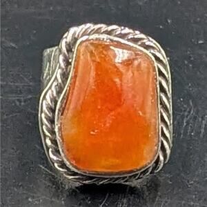 Vintage Sterling Silver Carnelian Large Orange Stone Ring Boho Artisan Ring